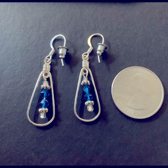 Silver Tone Teardrop Dangle Earrings with Royal Blue Beads. New Handmade - Picture 2 of 2